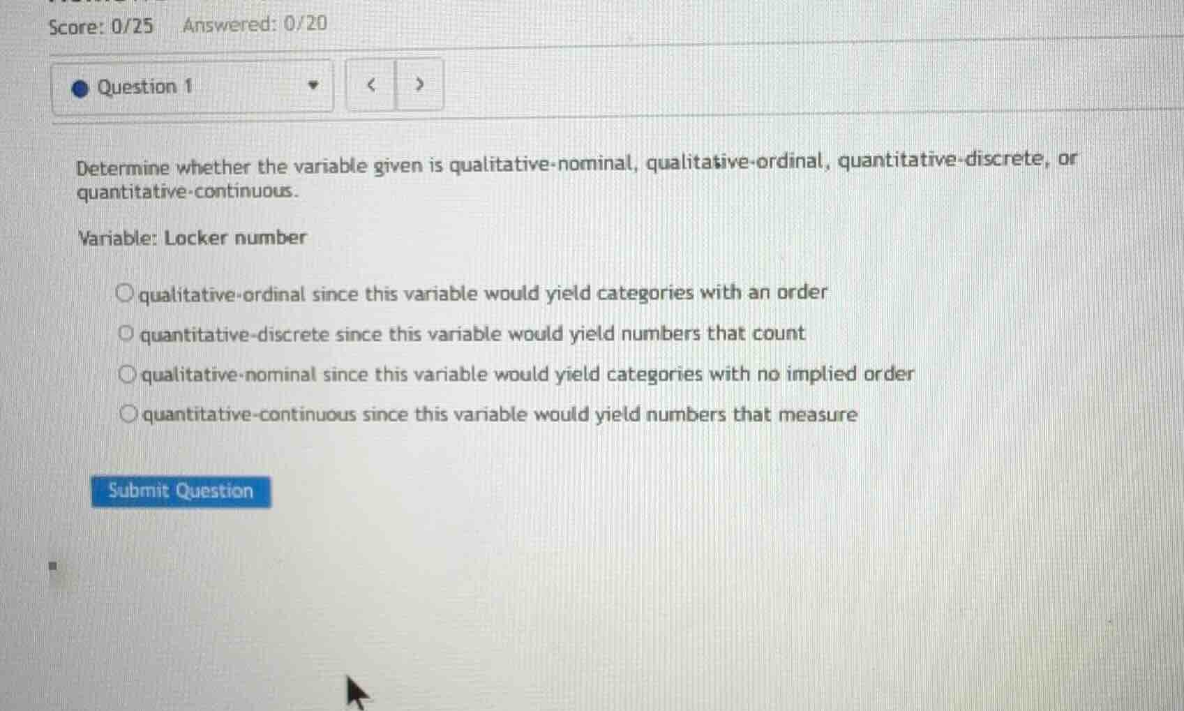 determine whether the variable given is qualitative - nominal, qualitat…