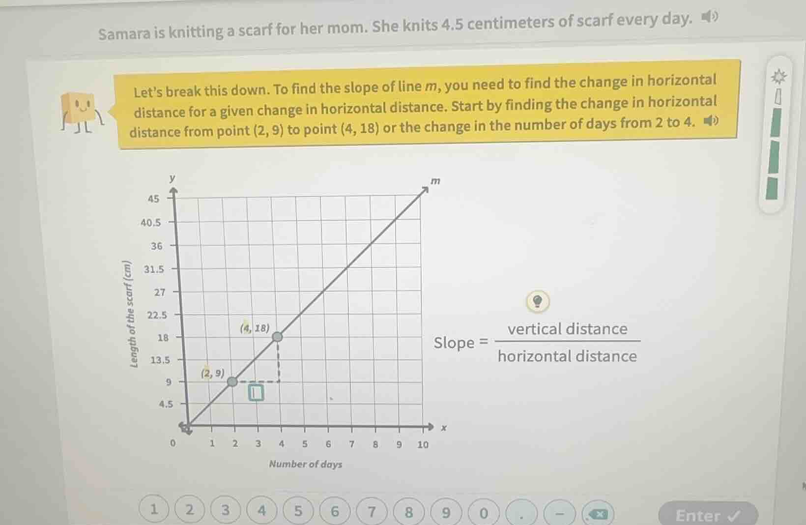 samara is knitting a scarf for her mom. she knits 4.5 centimeters of sc…