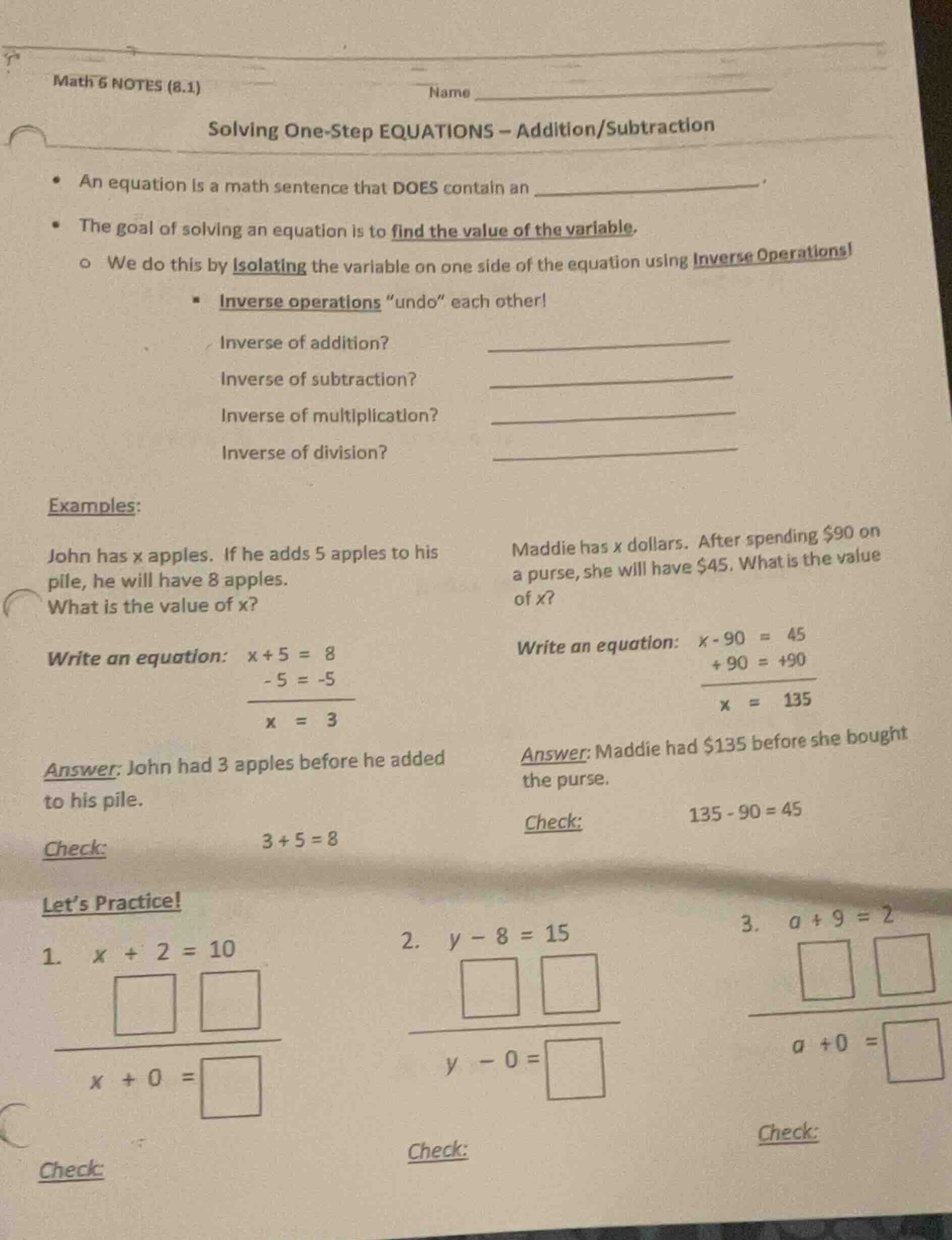 math 6 notes (8.1) name solving one - step equations - addition/subtrac…
