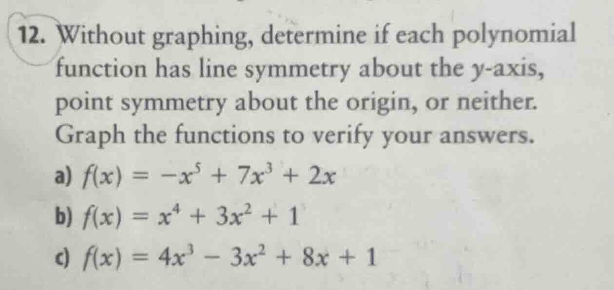 12. without graphing, determine if each polynomial function has line sy…
