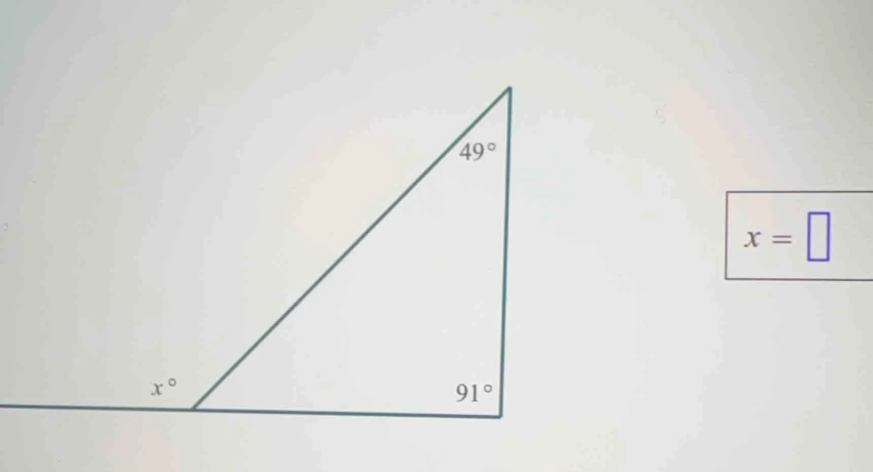 find the value of x. the triangle has angles 49°, 91°, and the exterior…
