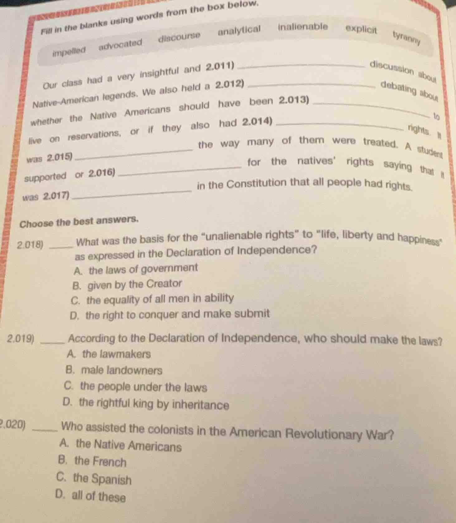 fill in the blanks using words from the box below. impelled advocated d…