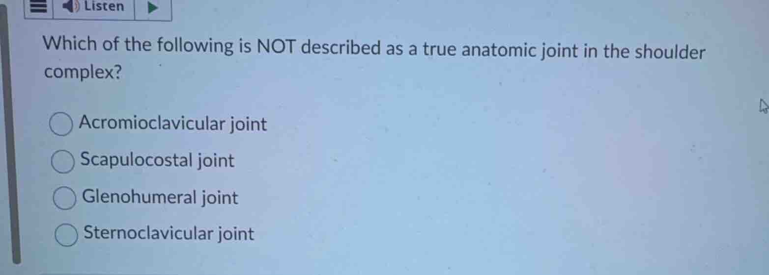 which of the following is not described as a true anatomic joint in the…