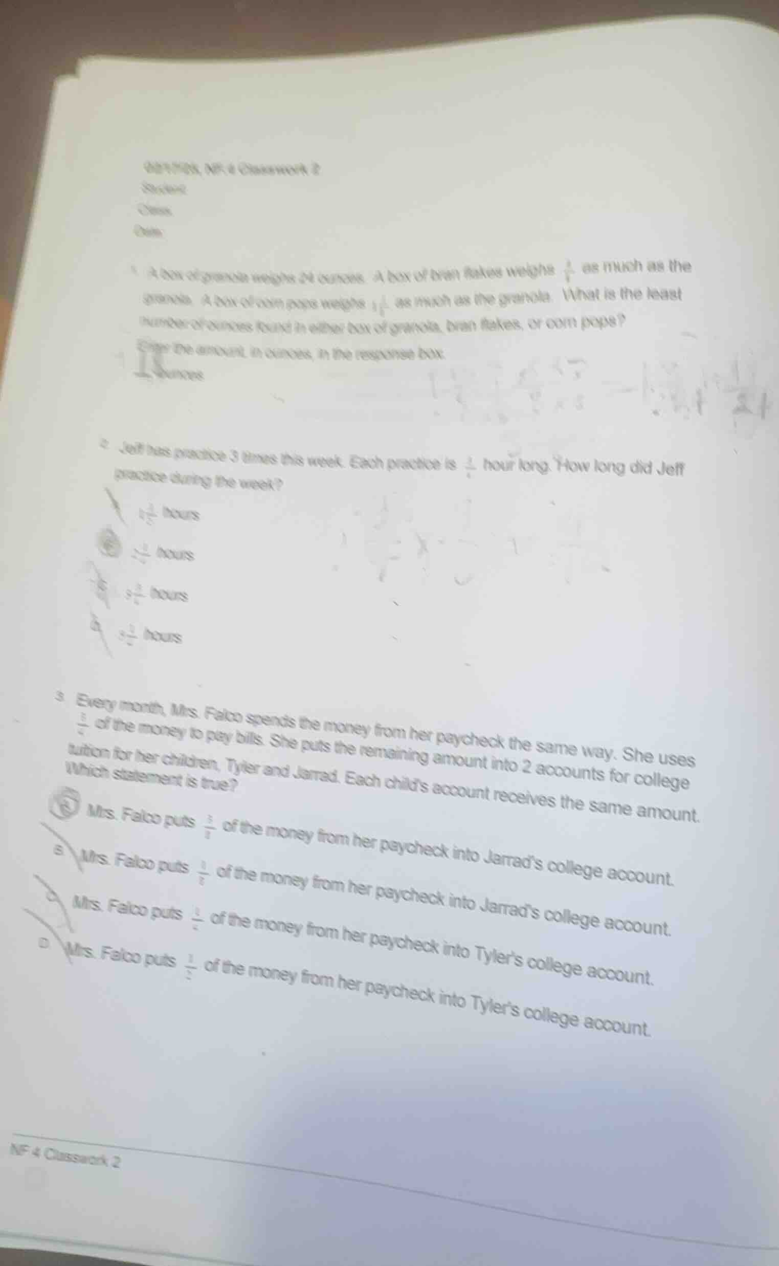 1 a box of granola weighs 24 ounces. a box of bran flakes weighs \\(\\f…