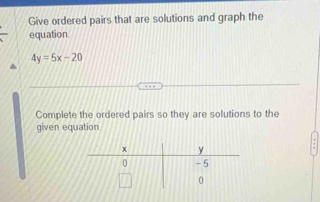 give ordered pairs that are solutions and graph the equation. 4y = 5x -…