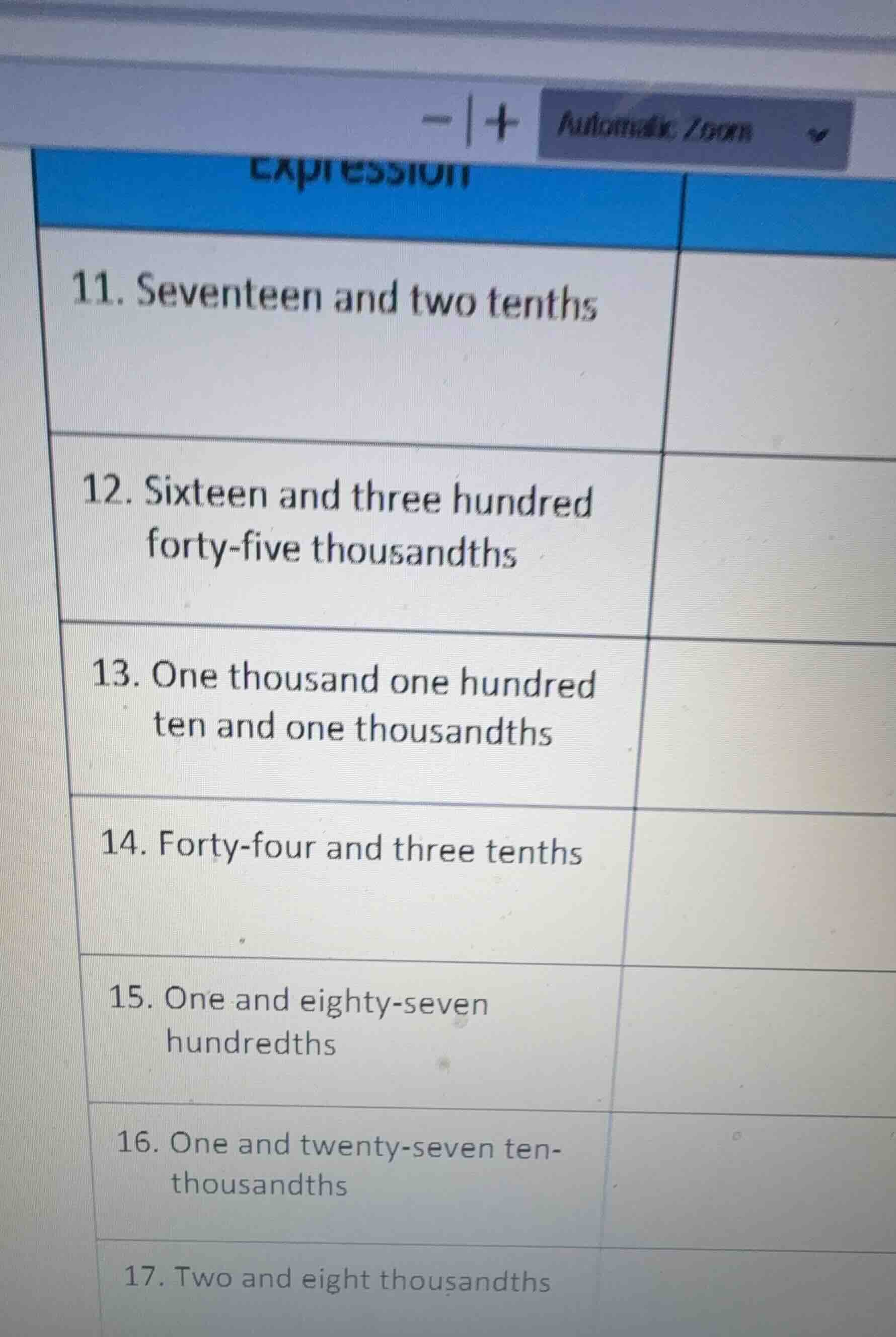 11. seventeen and two tenths 12. sixteen and three hundred forty - five…