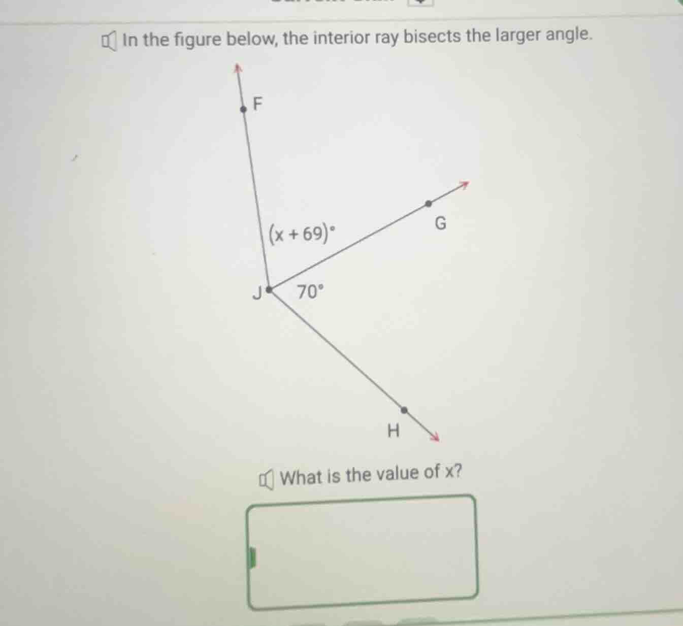 in the figure below, the interior ray bisects the larger angle. what is…