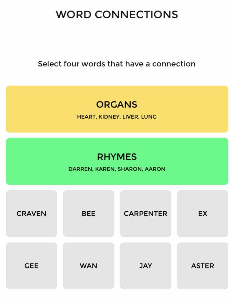 word connections select four words that have a connection organs heart,…