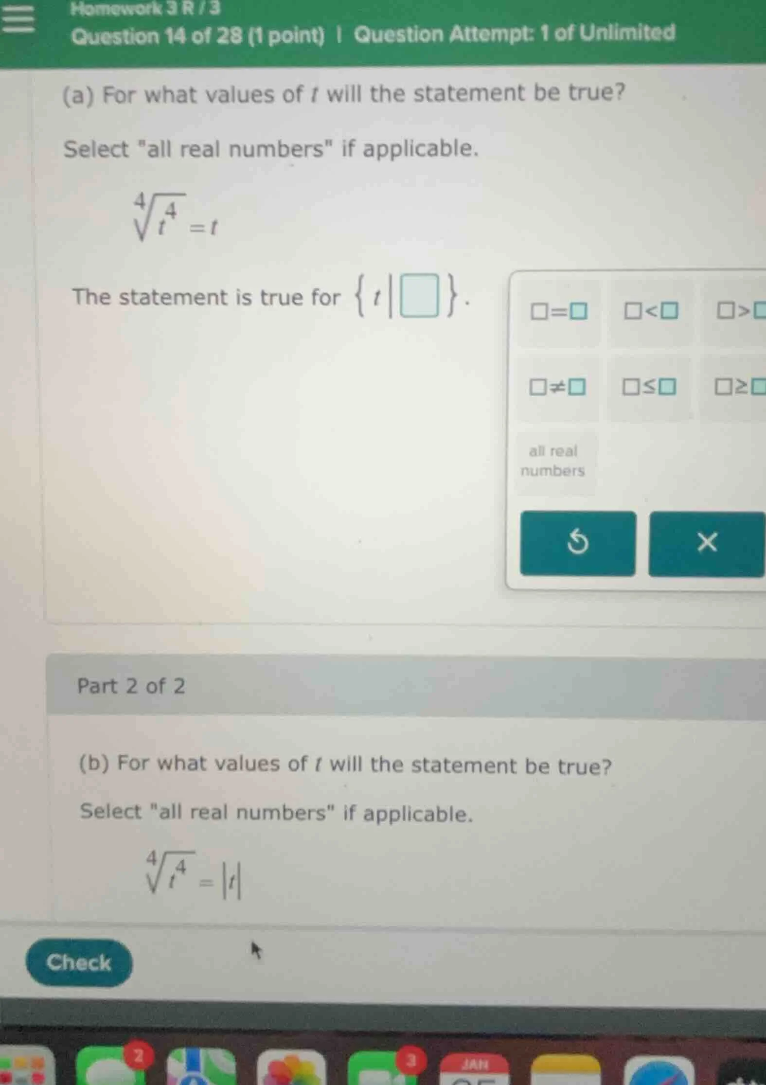 (a) for what values of t will the statement be true? select \all real n…