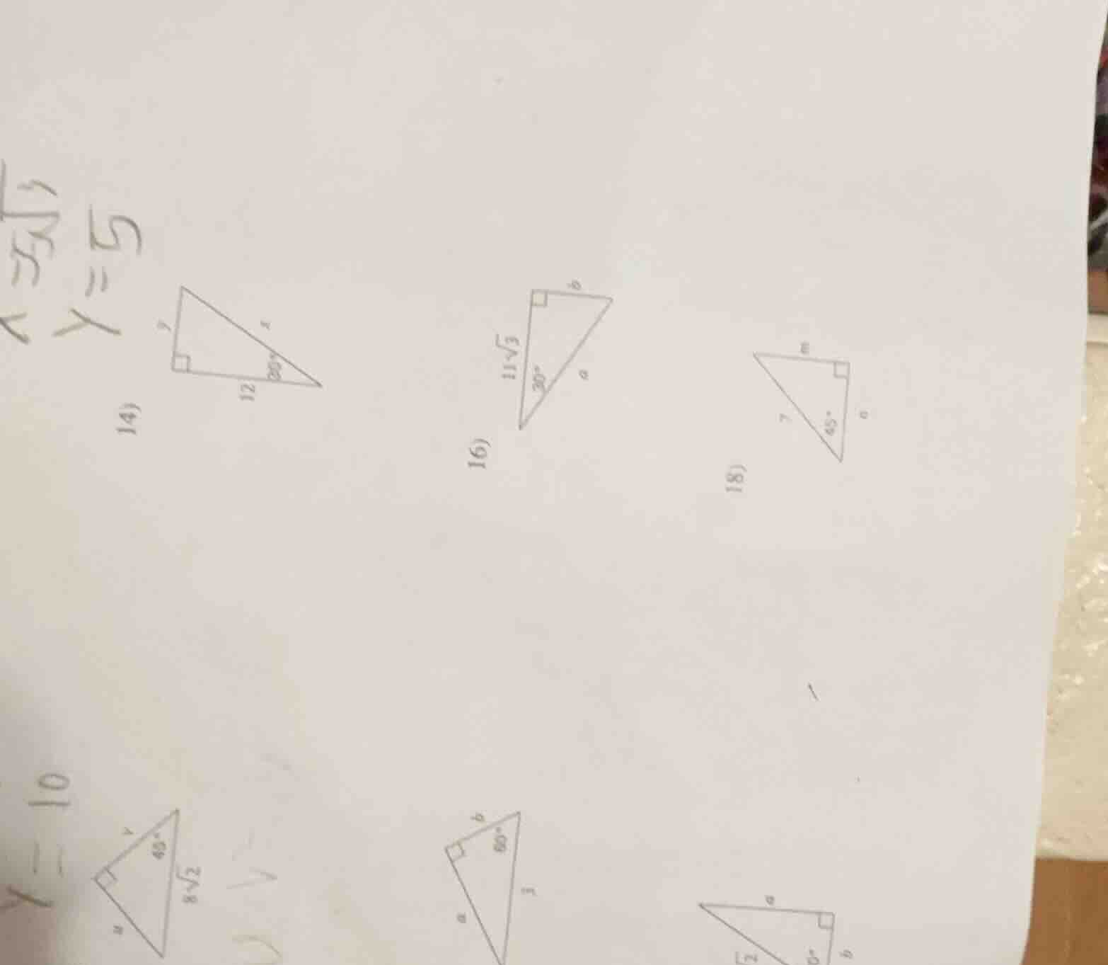 14) right triangle with leg 12, 30° angle, sides y and x 16) right tria…