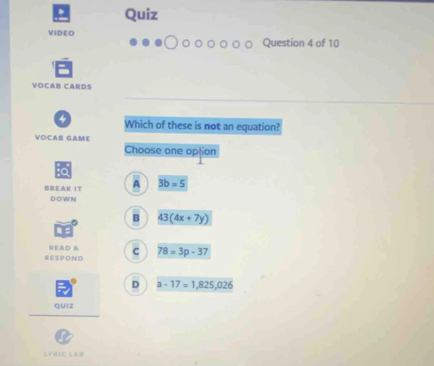quiz question 4 of 10 which of these is not an equation? choose one opt…