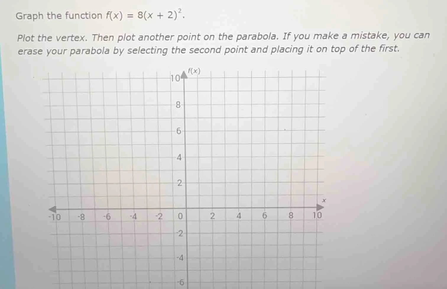 graph the function $f(x) = 8(x + 2)^2$. plot the vertex. then plot anot…