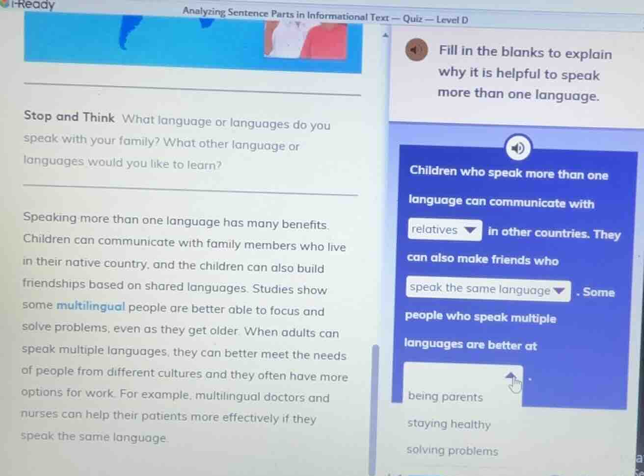 i - ready analyzing sentence parts in informational text — quiz — level…