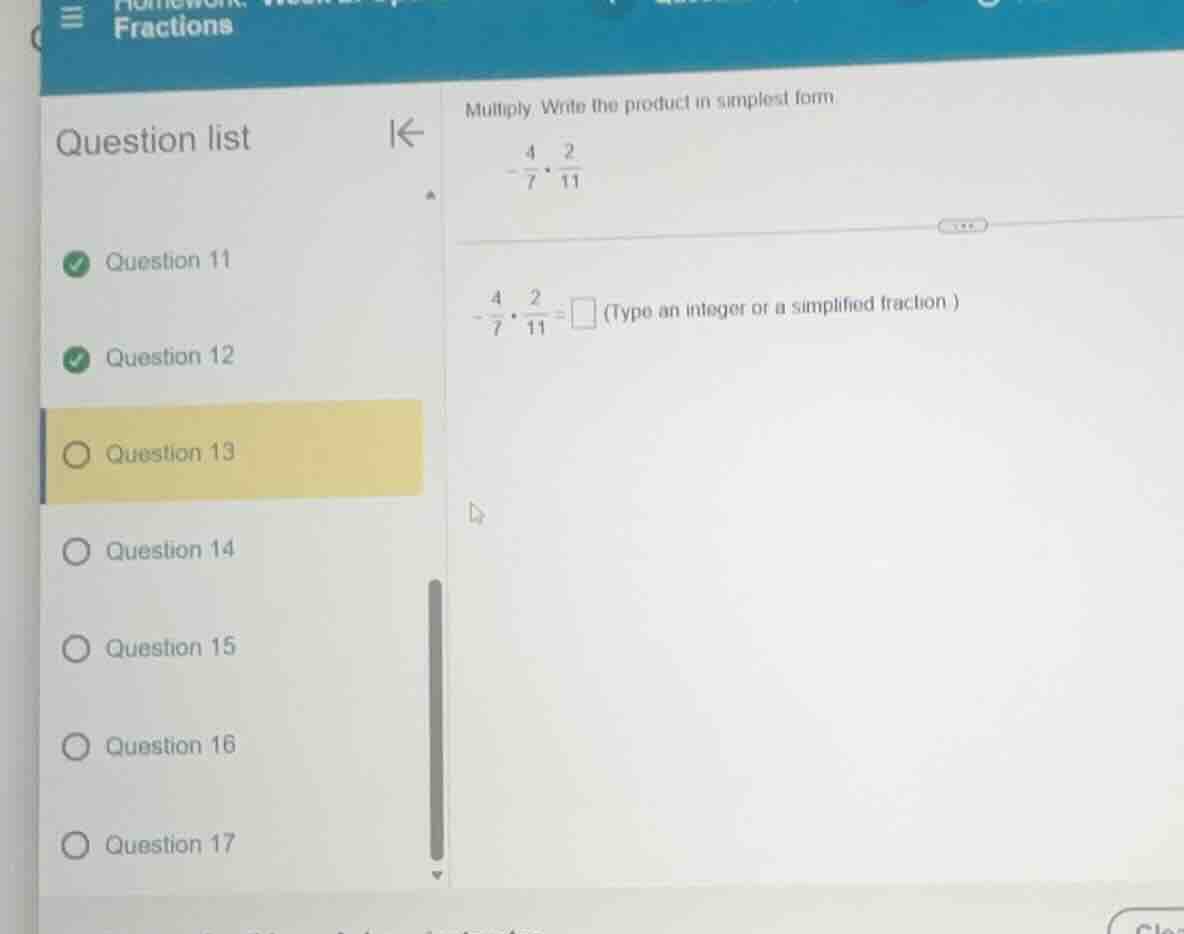 multiply. write the product in simplest form $-\frac{4}{7} cdot \frac{2…