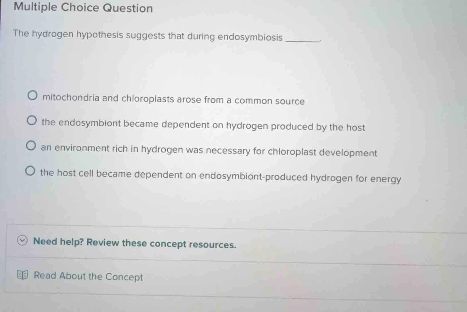 multiple choice question the hydrogen hypothesis suggests that during e…