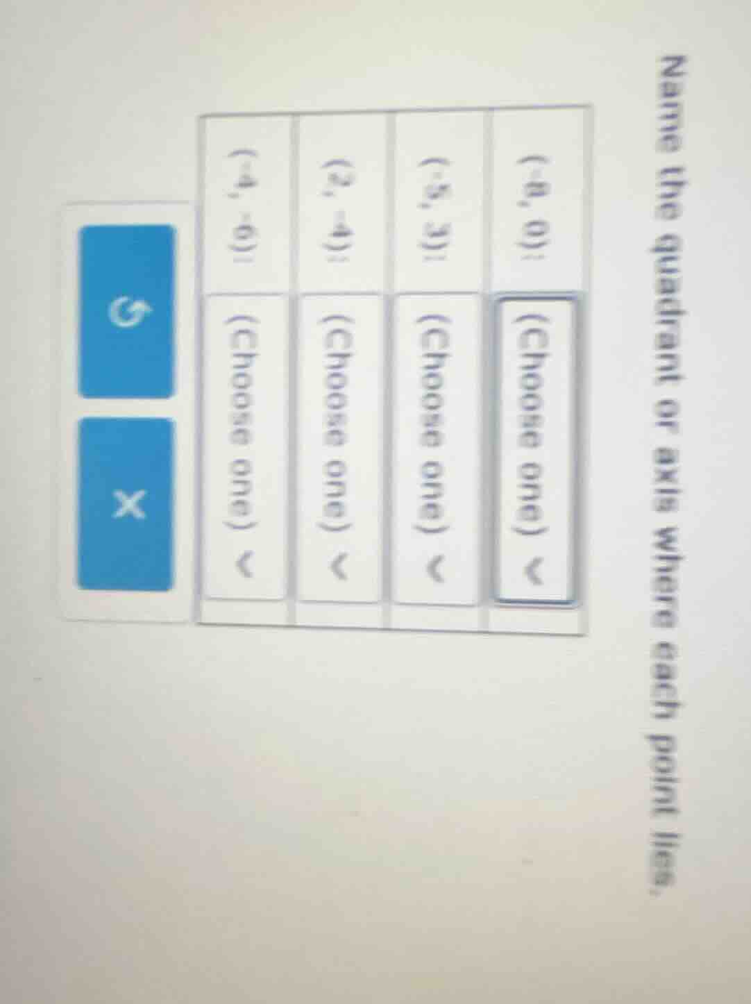 name the quadrant or axis where each point lies. (-8, 0): (choose one) …