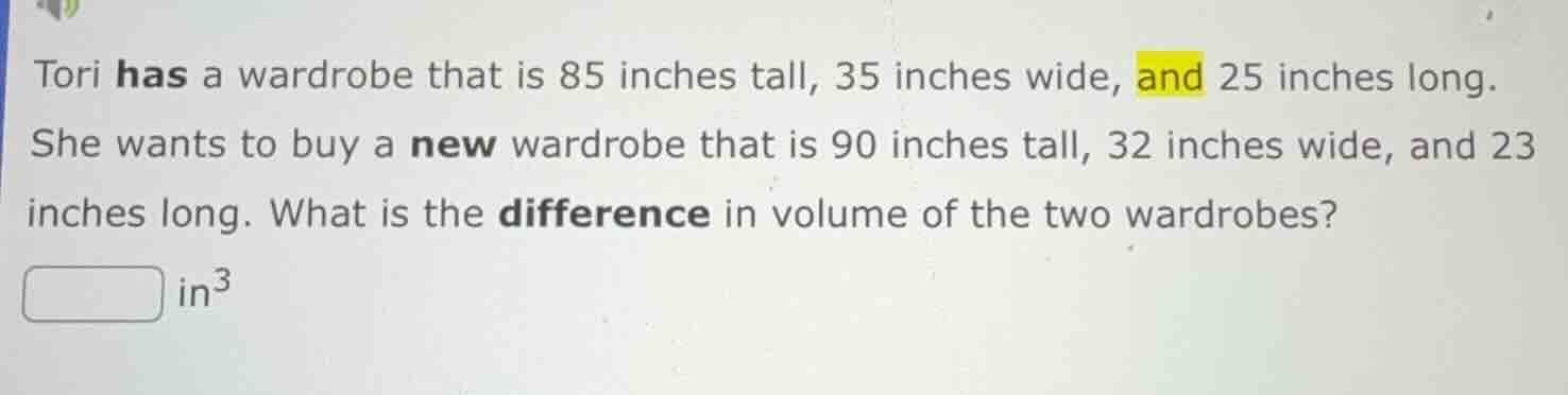 tori has a wardrobe that is 85 inches tall, 35 inches wide, and 25 inch…