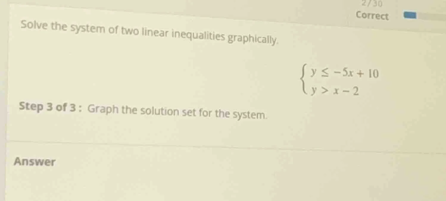 solve the system of two linear inequalities graphically.\ \\(\\begin{ca…