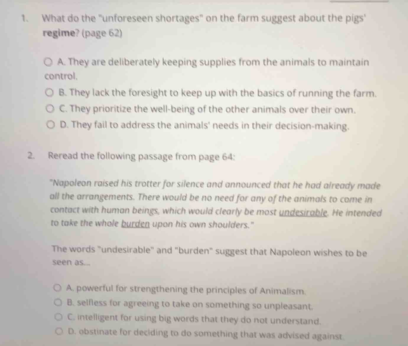 1. what do the \unforeseen shortages\ on the farm suggest about the pig…