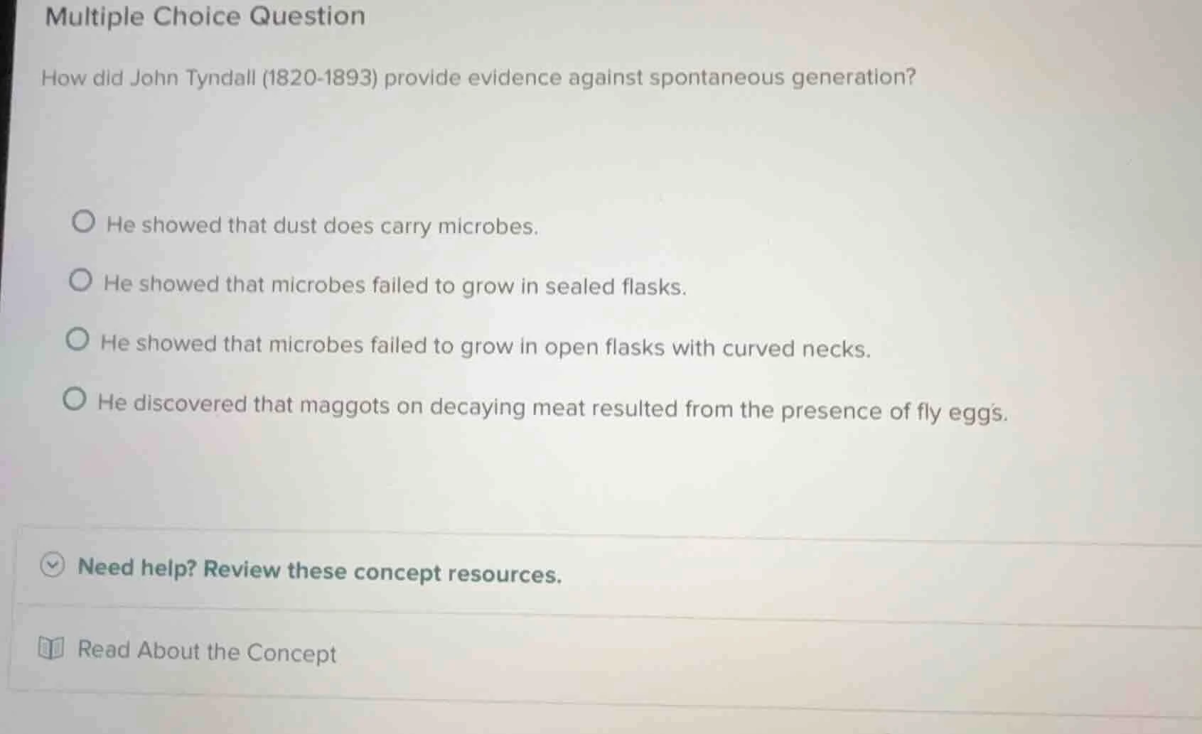 multiple choice question how did john tyndall (1820-1893) provide evide…
