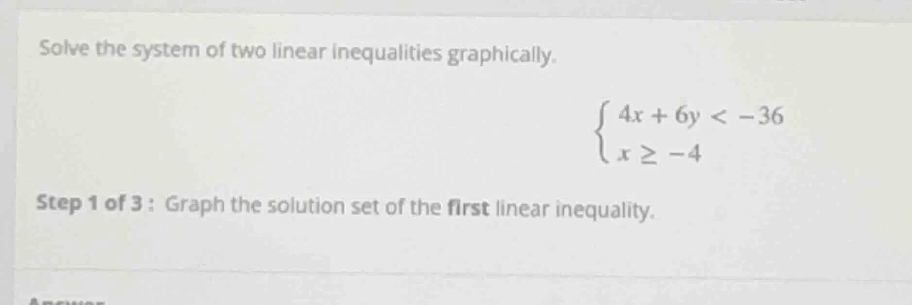 solve the system of two linear inequalities graphically.\\begin{cases}4…