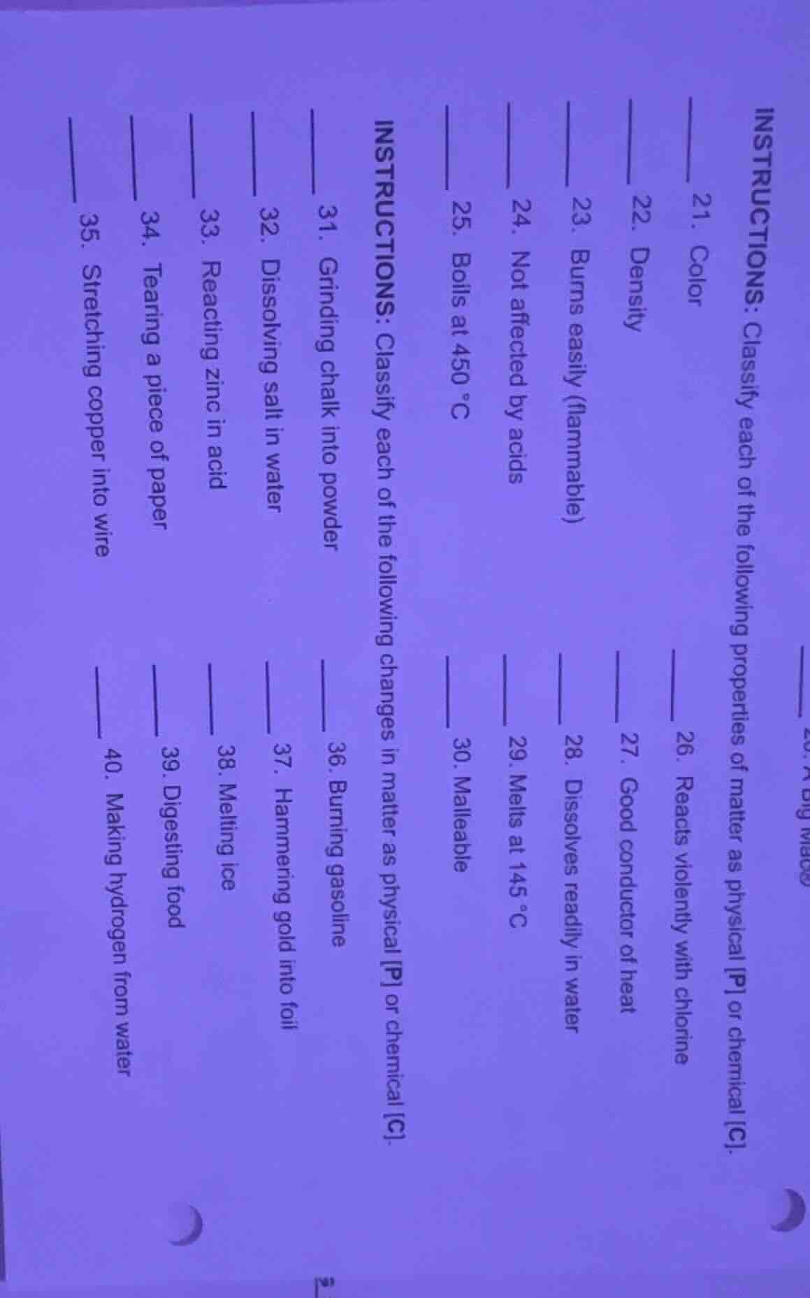 instructions: classify each of the following properties of matter as ph…