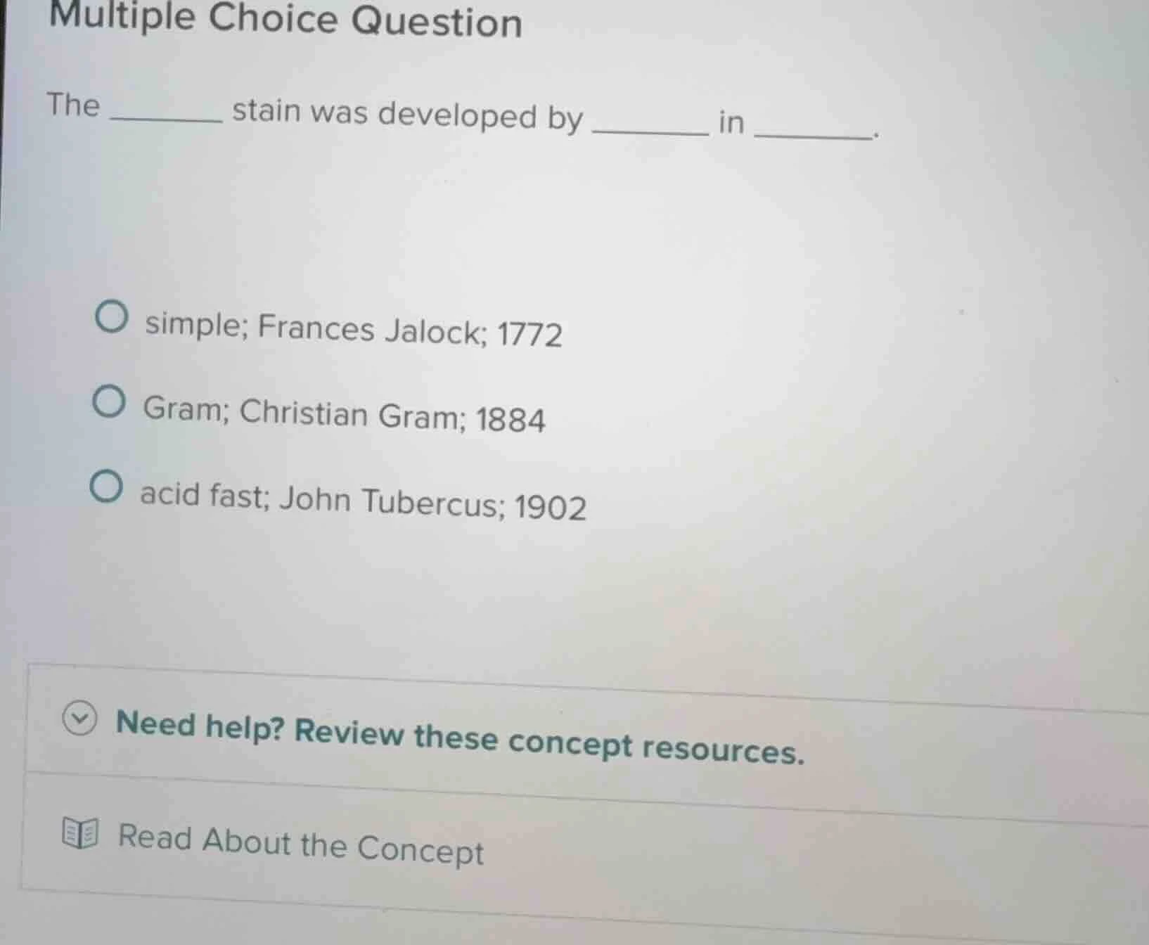 multiple choice question the ______ stain was developed by ______ in __…