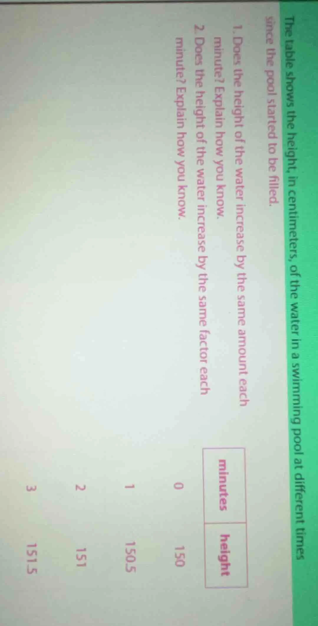 the table shows the height, in centimeters, of the water in a swimming …