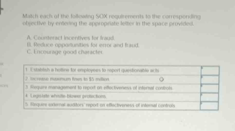 match each of the following sox requirements to the corresponding objec…