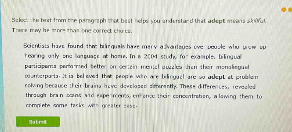 select the text from the paragraph that best helps you understand that …