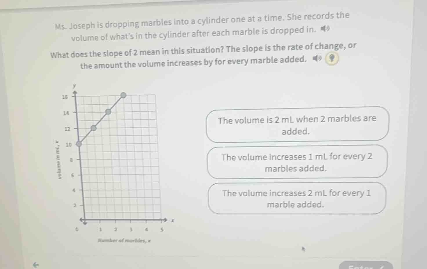 ms. joseph is dropping marbles into a cylinder one at a time. she recor…