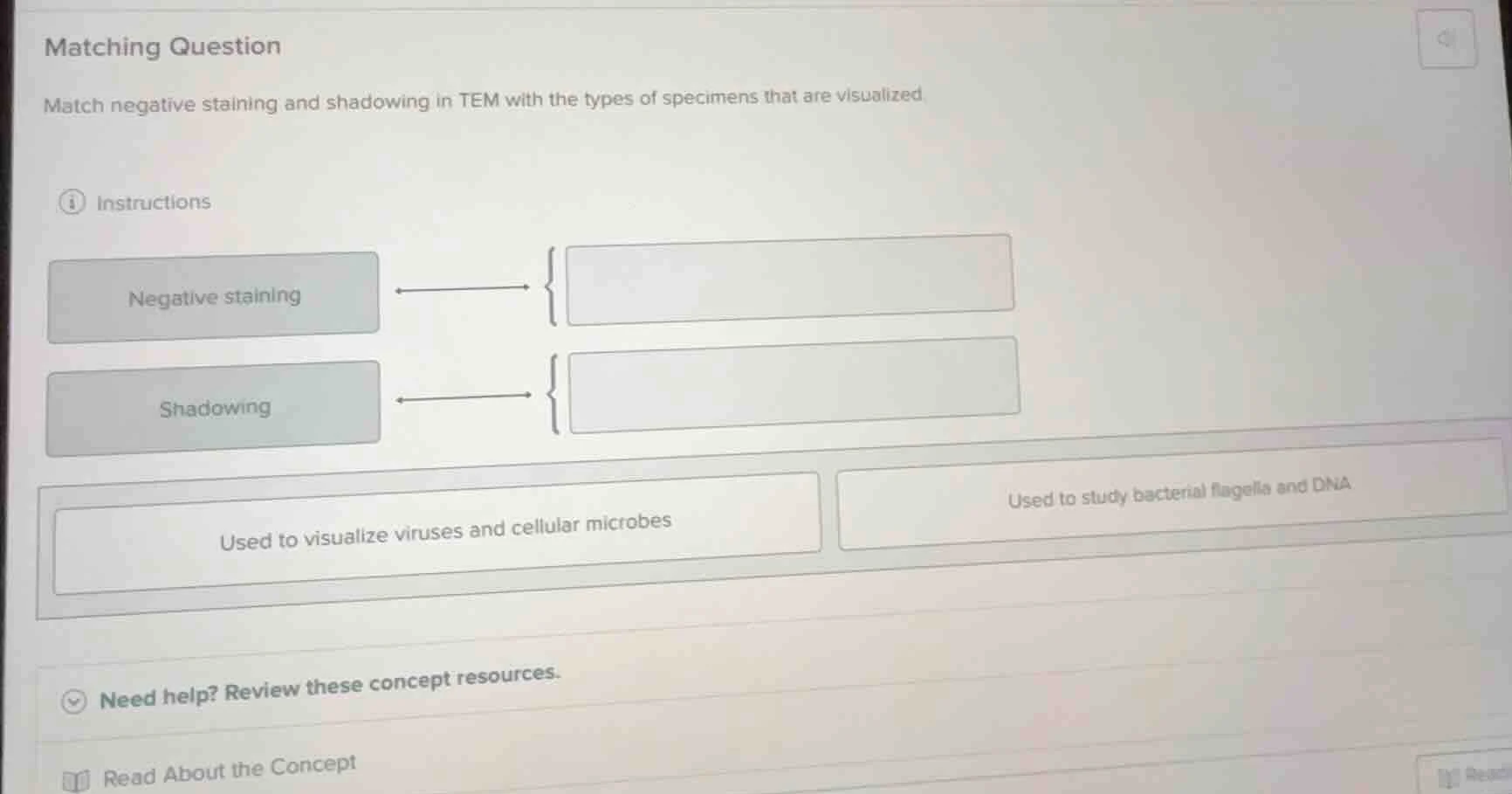 matching question match negative staining and shadowing in tem with the…
