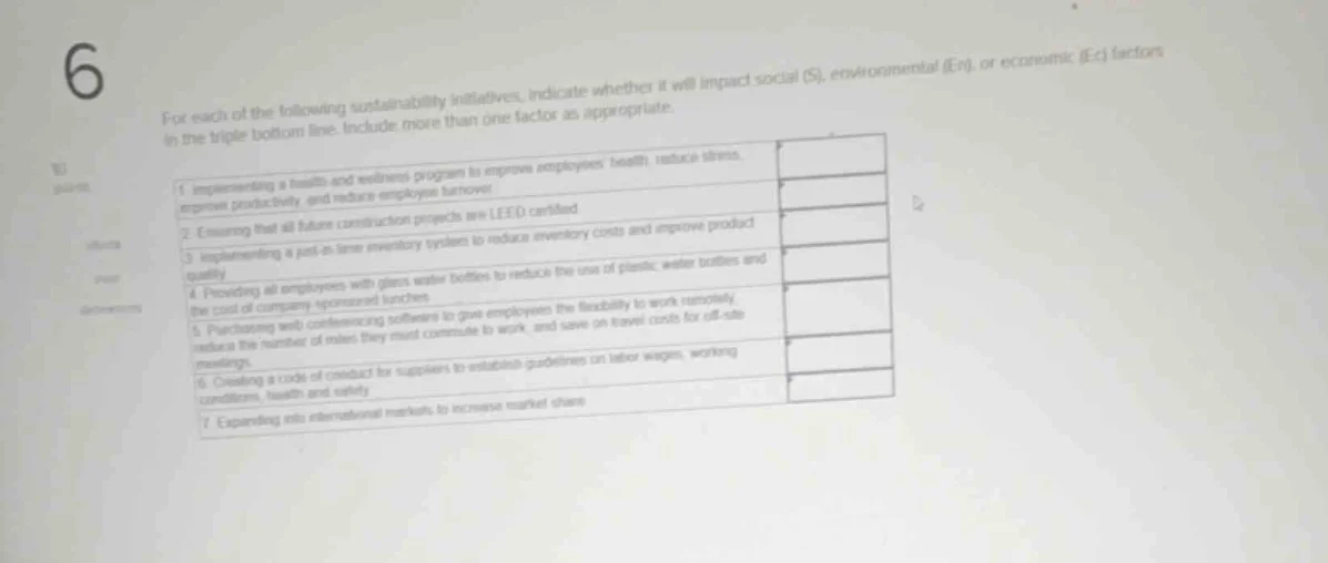 6 for each of the following sustainability initiatives, indicate whethe…