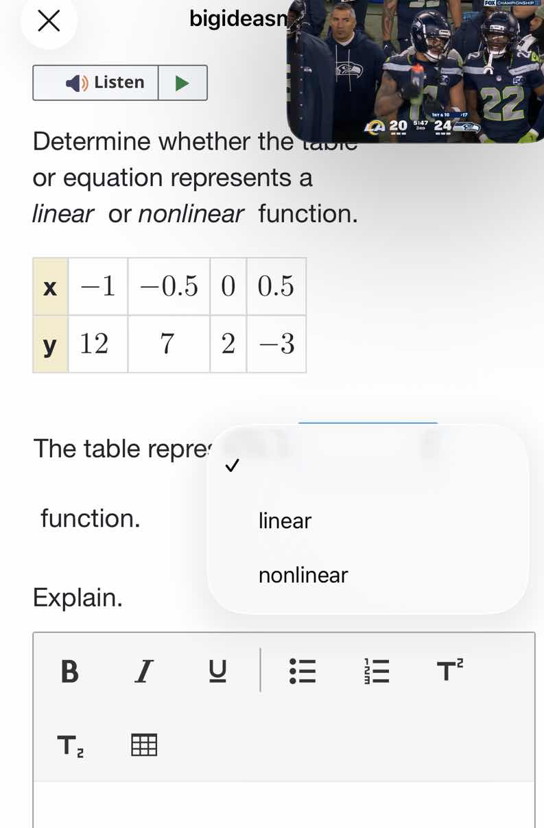 determine whether the table or equation represents a linear or nonlinea…