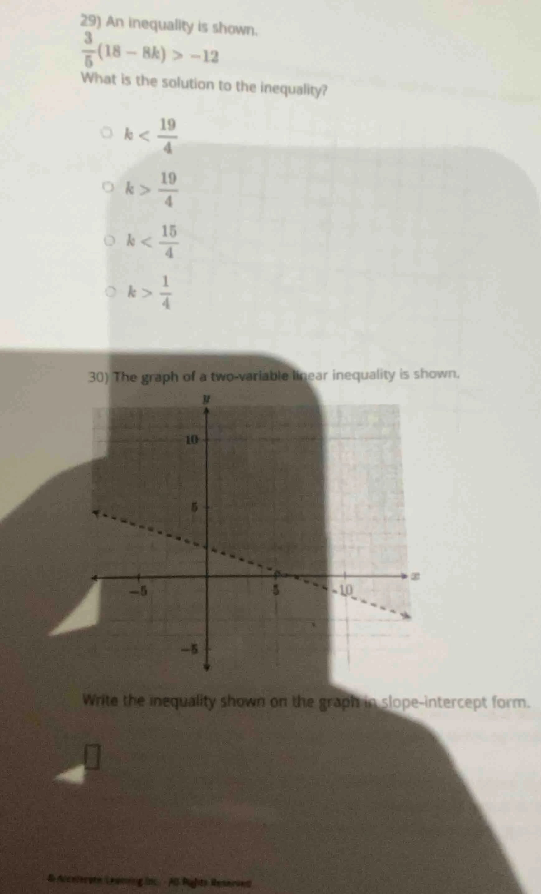 29) an inequality is shown. \\(\frac{3}{5}(18 - 8k) > -12\\) what is th…