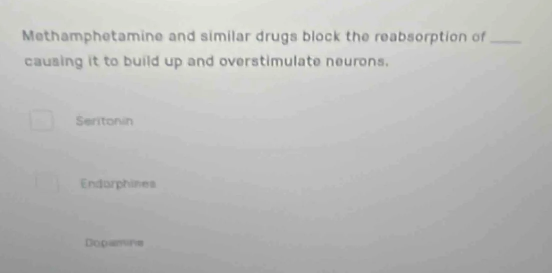 methamphetamine and similar drugs block the reabsorption of ____ causin…