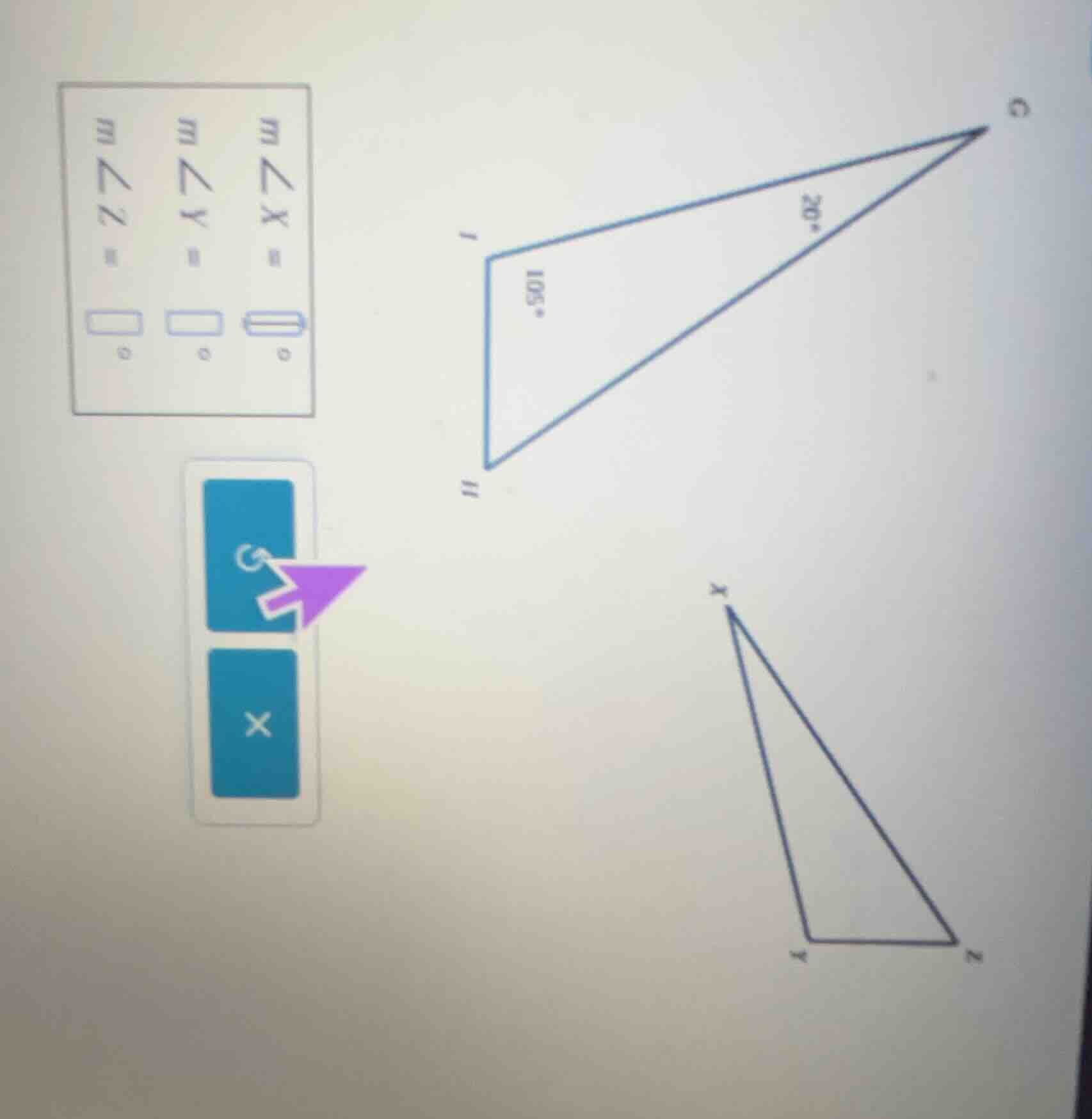 m∠x = m∠y = m∠z = (there are two triangles in the image, one with angle…