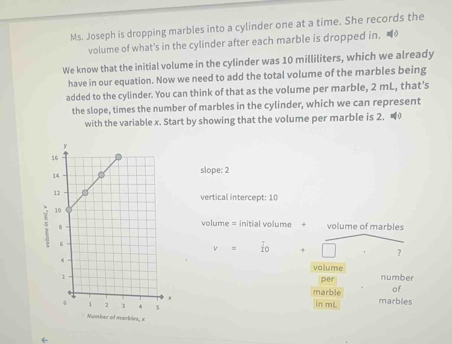 ms. joseph is dropping marbles into a cylinder one at a time. she recor…