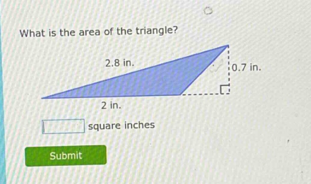what is the area of the triangle? 2.8 in. 0.7 in. 2 in. square inches s…