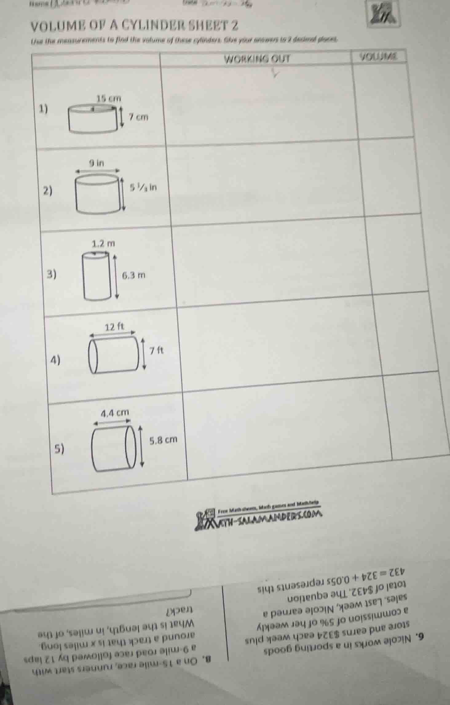 volume of a cylinder sheet 2 use the measurements to find the volume of…