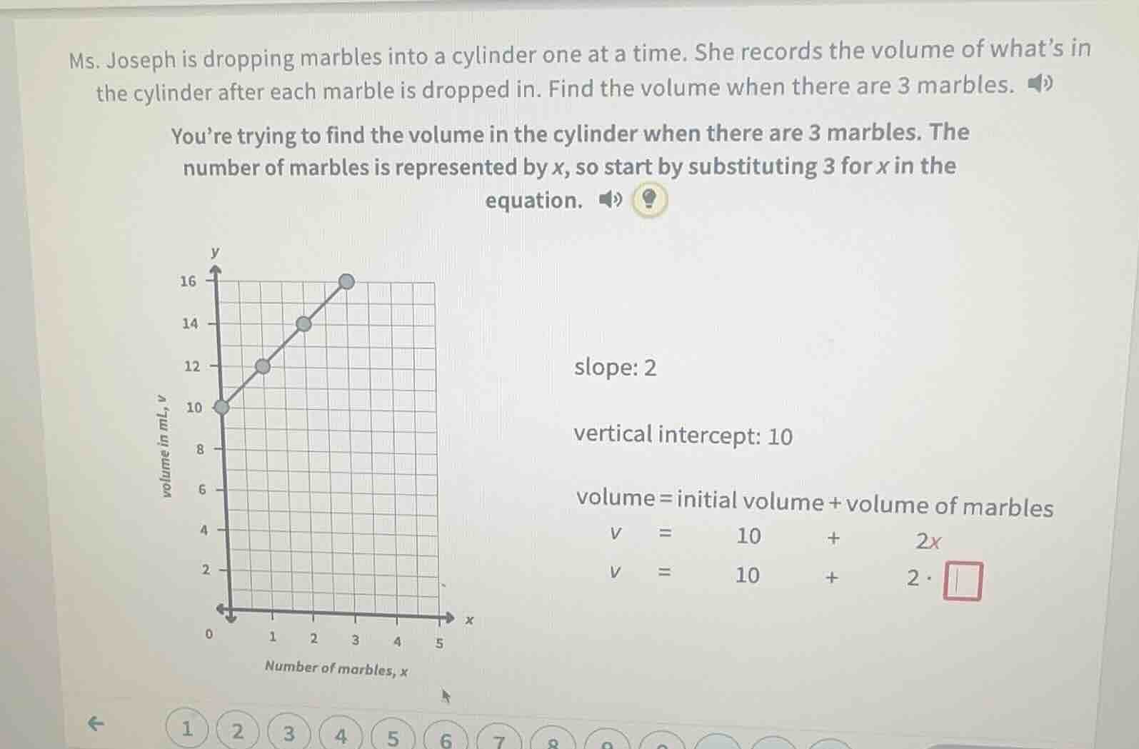 ms. joseph is dropping marbles into a cylinder one at a time. she recor…