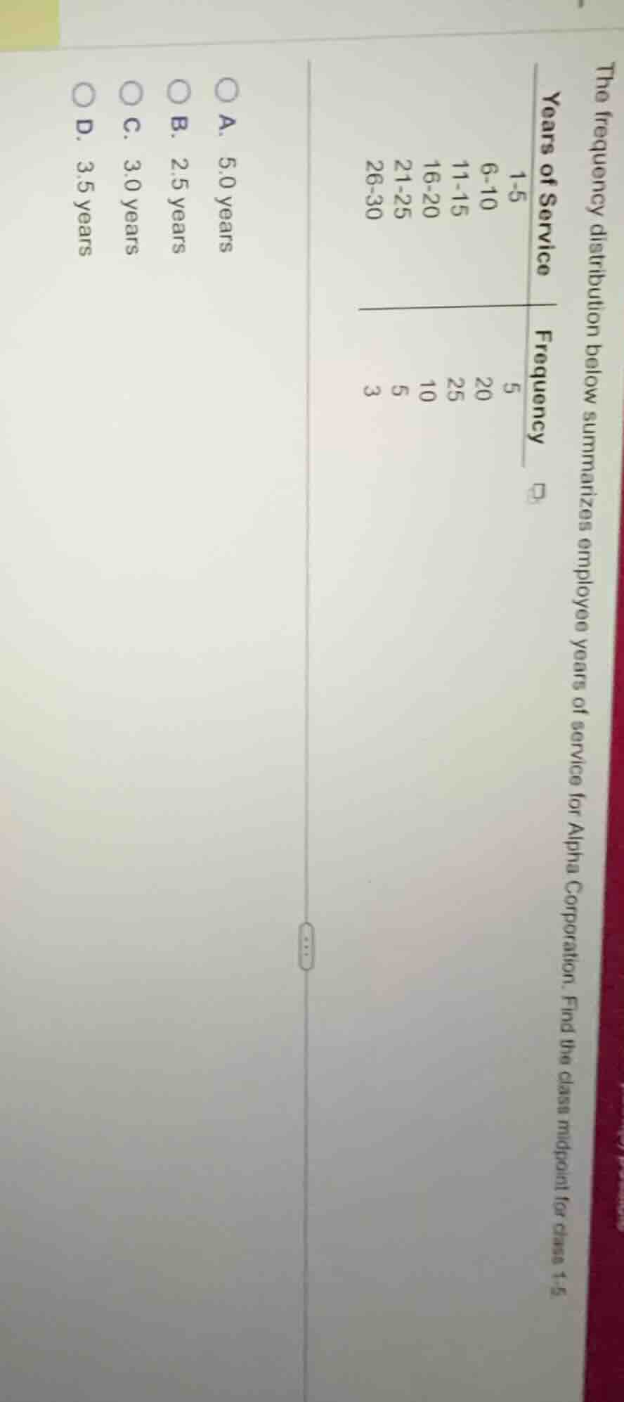 the frequency distribution below summarizes employee years of service f…