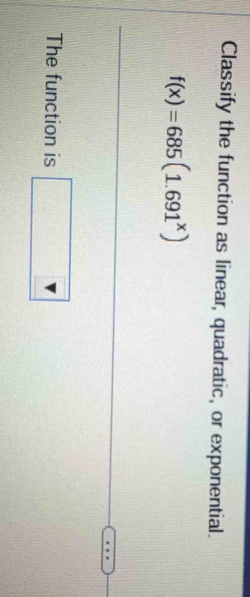 classify the function as linear, quadratic, or exponential.\\( f(x) = 6…