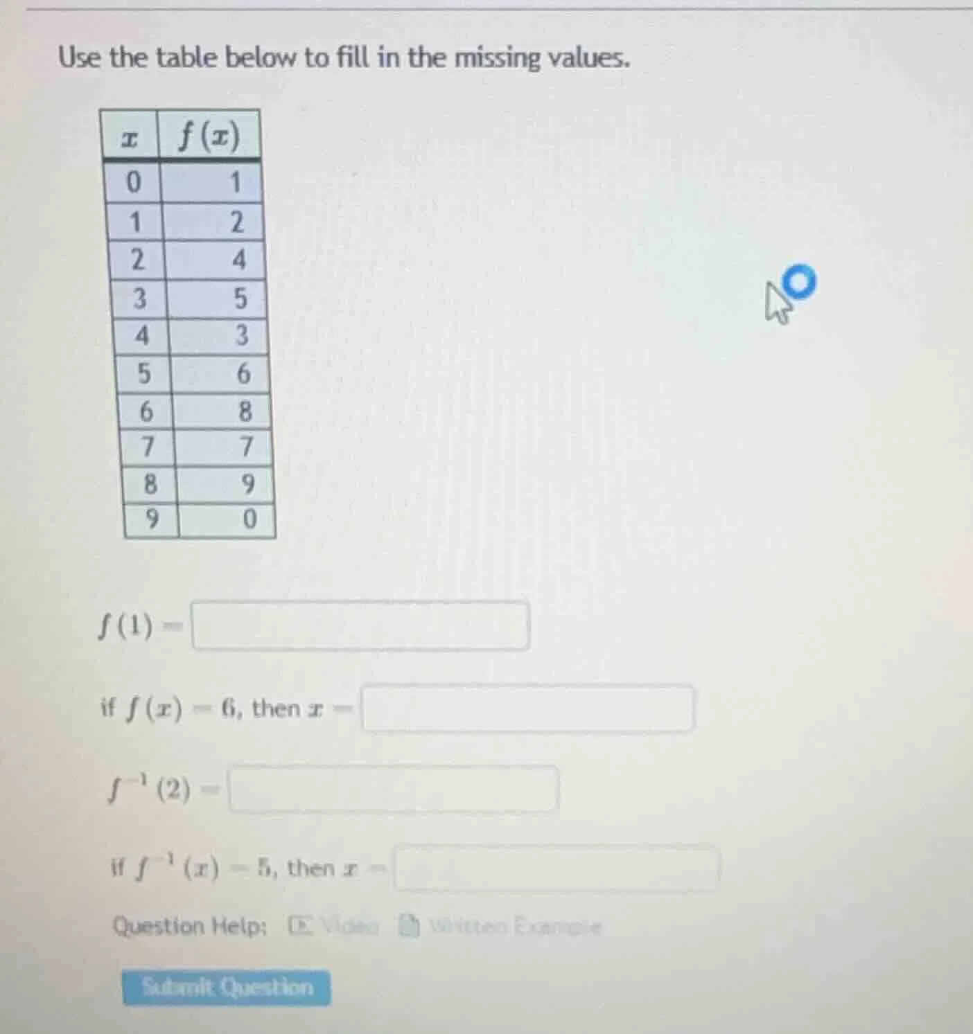 use the table below to fill in the missing values. | $x$ | $f(x)$ | | -…
