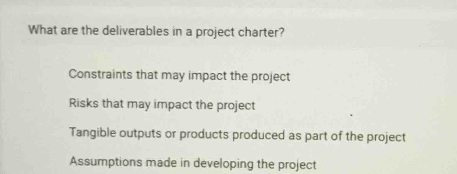 what are the deliverables in a project charter? constraints that may im…