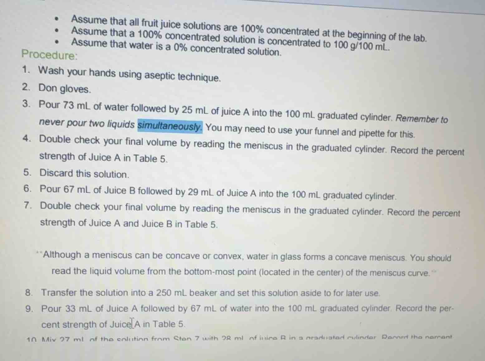 • assume that all fruit juice solutions are 100% concentrated at the be…