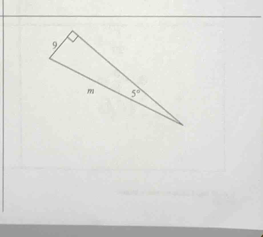 a right triangle with one leg length 9, hypotenuse length m, and one ac…