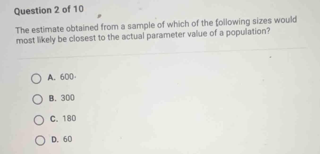 question 2 of 10 the estimate obtained from a sample of which of the fo…