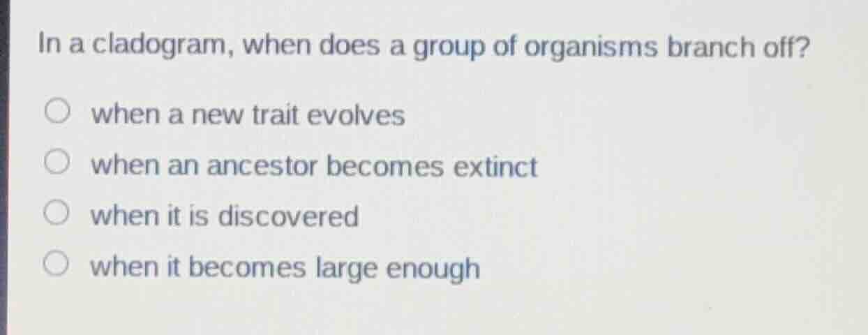 in a cladogram, when does a group of organisms branch off? when a new t…