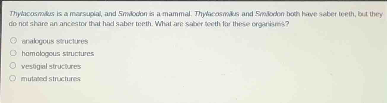 thylacosmilus is a marsupial, and smilodon is a mammal. thylacosmilus a…